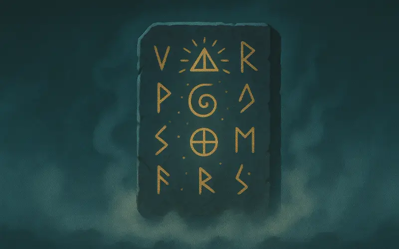 Ancient stone tablet glowing with prophetic symbols in mist